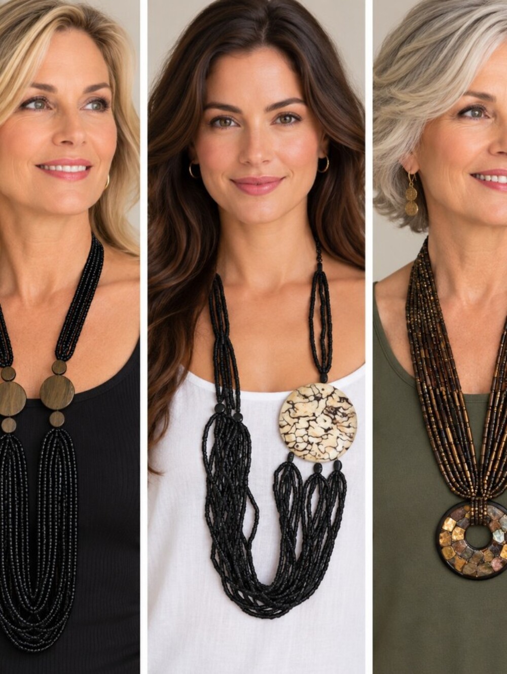 3 Pc Boho Statement Necklace Lot Multi Strand Beaded Wood -Mosaic Stone Pendants